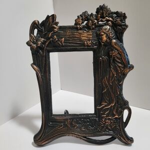 Vintage Art Nouveau-Style Cast Metal Picture Frame Maiden And Floral Motifs
